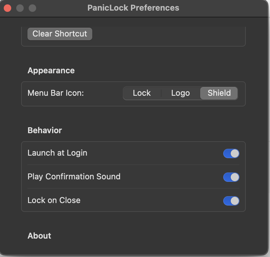 PanicLock Lock on Close setting to require password when lid closes