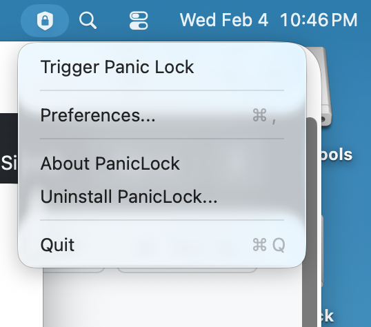 PanicLock in menu bar