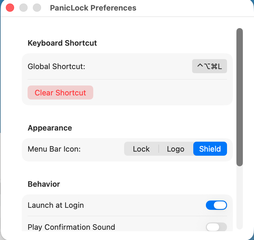 PanicLock preferences